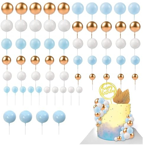 Peiyee 108 StüCk Cake Topper Geburtstag,Goldenes Kugeln Tortendeko Set,Cupcake Topper,Tortenaufsatz Kugeln Hochzeit FüR Valentinstag Geburtstag Hochzeit Deko (Blau Weiß Gold)