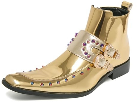 crazynekos Herren Mode Knöchel Chelsea Boots Leder Slip On Persönlichkeit Schnalle Gürtel Strap Kleid Schuhe Cowboy, gold, 44 EU