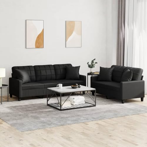 BaraSh 2-TLG. Sofagarnitur mit Kissen Schwarz Kunstleder Schlafsofa Klein Mini Sofa Recamiere Mit Schlaffunktion
