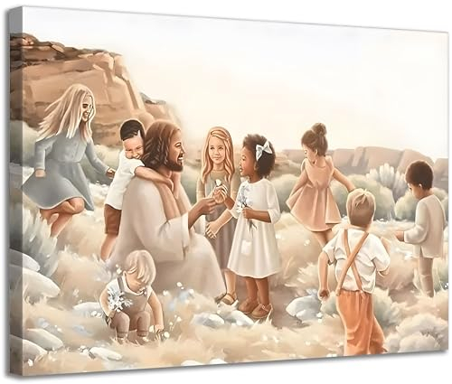 Gerahmter Kunstdruck auf Leinwand, Motiv For Such is the Kingdom, christliches Kinderzimmer, Gemälde Jesus Christus mit Baby im Garten, Bild für Jungen, Mädchen, Aquarell, Wanddekoration, 40,6 x 61