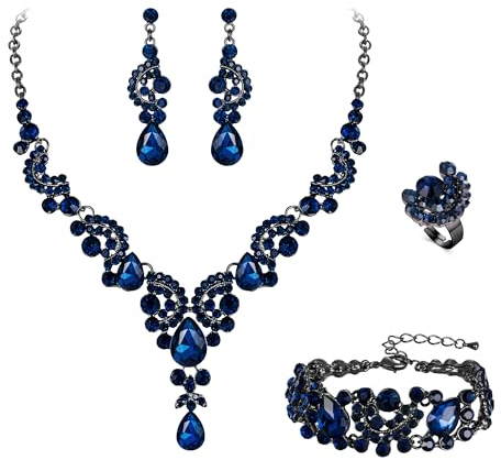 EVER FAITH 4 Stück Schmucksets für Damen Party Hochzeit Braut Strass Kristall floralen Welle Teardrop Halskette baumeln Ohrringe Armband Ring Set Marineblau Schwarz-Ton