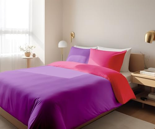 GL HOME Copripiumino Matrimoniale Double Face 100% Cotone - Qualità Made In Italy - Set Letto Sacco e Federe Bicolore - Fragola/Viola