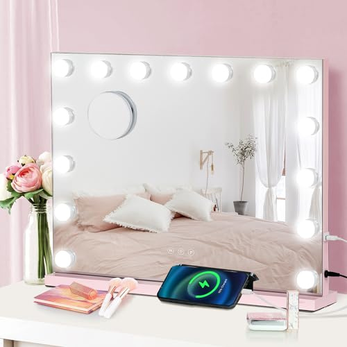 YU YUSING Hollywood Makeup Mirror, 58×46cm Large Vanity Mirror, Tabletop or Wall-Mounted, with 15 Dimmable Bulbs, 3 Color Modes, Touch Screen, 10X Magnifier Mirror, USB Output Port(Pink)