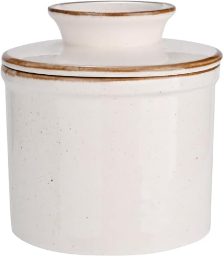 Jersinwei Butter Dish with Lid,Reactive Glaze French Butter Crock for Counter, Ceramic Butter Keeper with Waterline Spreadable and Soft Butter- White