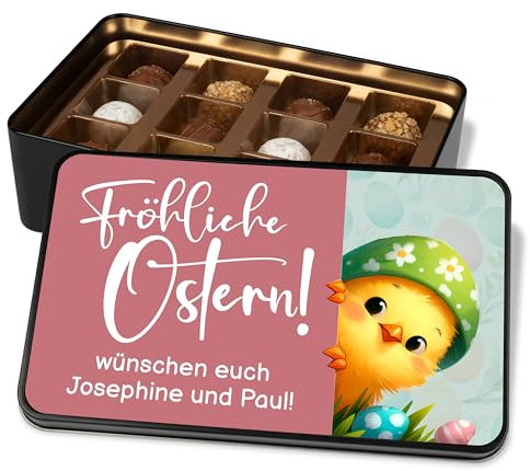Schokolade Geschenk zu Ostern: Pralinendose personalisiert „Fröhliche Ostern“ – Osterküken – Ostergrüße Ostergeschenke – Metalldose mit 12 Confiserie-Pralinen