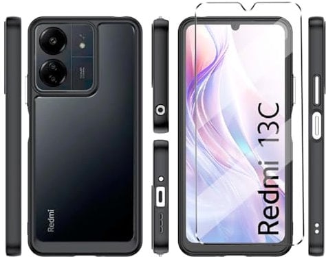 Cover with 1 Pack Tempered Glass for Xiaomi Redmi 13C 4G Case Screen Protector Phone Case for Xiaomi Redmi 13C 4G,Soft TPU Slim Fit Shockproof Anti-Scratch Cover-Black