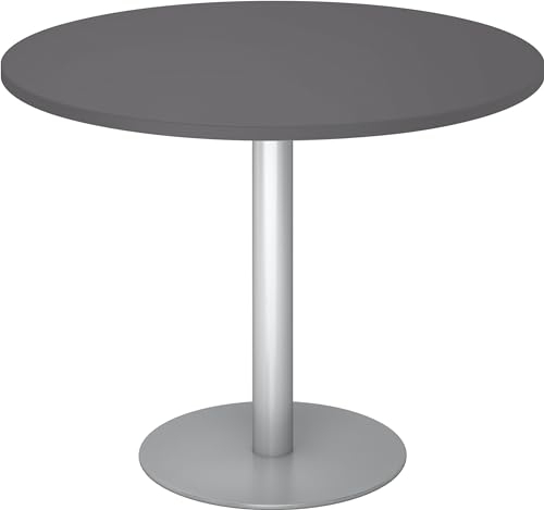 bümö Besprechungstisch, Esstisch klein, Tisch rund 100 cm - Kleiner Esstisch Graphit, Rundtisch Esstisch 2 Personen mit Holz-Platte, Säule aus Metall in Silber, Konferenztisch, Bistrotisch