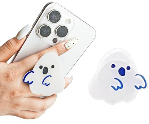 Spooky White Ghost Phone Ring Holder and Stand - Swappable Finger Grip with Bubble Support - Cute Phone Holder