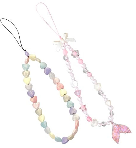 BSITSSS 2 PCS Colgante Movil, Colgante Para Movil, Colgantes para Movil Abalorios, Cordón de Teléfono con Cuentas de Acrílico, Cadena para Móvil, para Niñas Mujeres (Rosa, Vistoso)