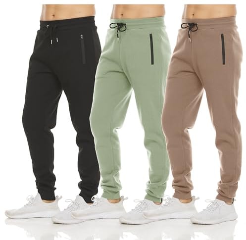 Pure Champ Confezione da 3 Pantaloni Sportivi da Uomo in Pile per Allenamento Atletico, con Tasca con Cerniera e Coulisse, Taglia S-3XL, Nero, Doeskin, Salvia, XL