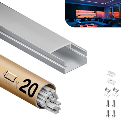 KOSOOM 20 x LED Aluminiumprofil 2m für LED Streifen Lichtdiffusor U-Form LED-Profil Größe19,7 mm x 10 mm, mit einer Breite von weniger als 14mm /15mm /16 mm /17 mm, mit Montagezubehör