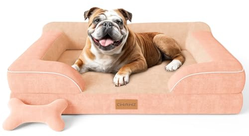 CWAWZ Panier Chien Grande Taille,Lit pour Chien Orthopedique Memoire de Forme Lavable, Canapé Chiens Imperméable en Velours Hollandais avec Jouet en Forme d'os,Rose Pêche
