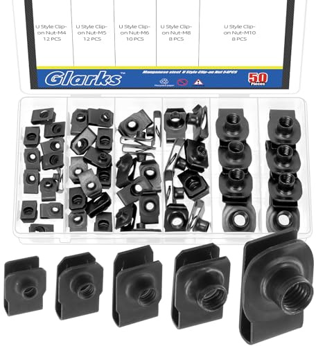 Glarks 50 piezas Kit de tuercas U-clip M4 M5 M6 M8 M10, acero al carbono negro, U-tuerca auto, para motor, guardabarros, parachoques delantero, tablero de instrumentos, panel interior