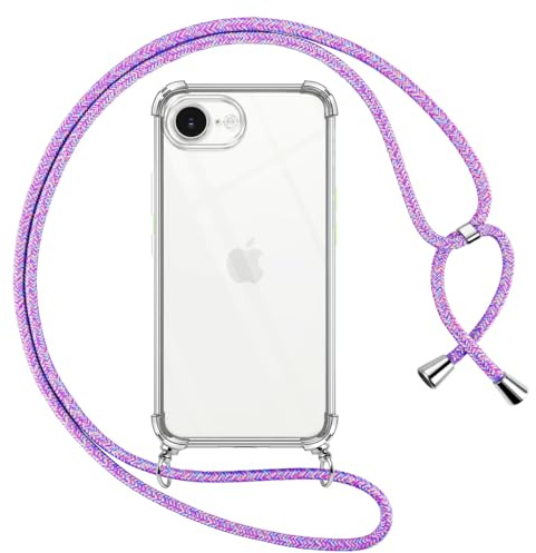 Pnakqil Handyband für iPhone 17E/iPhone 16E/iPhone SE 4 2025 Hülle mit Band, Transparent Weich Silikon mit Kordel Necklace Schnur Anti-Fall Bumper Schutzhülle Case Kompatibel mit iPhone 17E 6,1, Lila