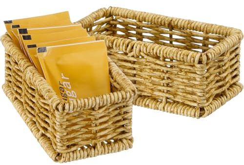 Weysat 2 Pcs Natural Rattan Sugar Packet Basket Rectangular Wicker Rattan Woven Baskets Small Sugar Packet Holder Caddy Bag Organizer for Coffee Bar Tea Kitchen Storage, 4.5 x 2.25 x 1.75