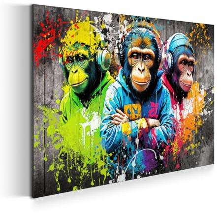 Affen mit Kopfhörern Graffiti Kunst Pop Art Wandbild Leinwandbild XL Wanddeko Größe 90x60x4cm