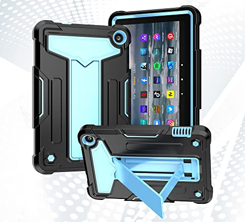 Tablet PC Case Case Compatible with Kindle Fire 7 12th Generation 7inch Case 2022,with Kickstand Three-Layer Hybrid Full Body Case Rugged Shock-Proof Fall Protection Cover Protection(BLACK+AQUA)