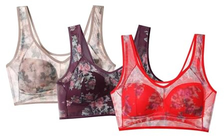 3PC Bras for Women Non Wired Push Up Seamless Bralettes Thin Breathable Sexy Ice Silk Lace Cooling Wireless Underwear Soft Comfort Plus Size Everyday Bras High Support Sport Brassiere