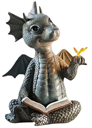 LUMOOM Schöne Hof Drachenskulptur, Gartendrachen Figuren Deko aus Polyresin, Drachenskulptur Statue für Garten, Outdoor-Hof Dekoration, Wandmontage oder Terrasse (Buch lesender Drache)