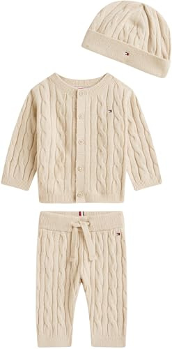 Tommy Hilfiger Baby Set Hose, Cardigan und Mütze, Beige (Gulf Sand), 86