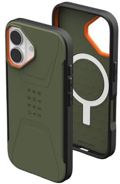 URBAN ARMOR GEAR Civilian MS Case kompatibel mit Apple iPhone 17 Hülle (Wireless Charging/Magnetische Aufladung, Sturzfeste Handyhülle, Erhöhter Rand) Olive/pop orange