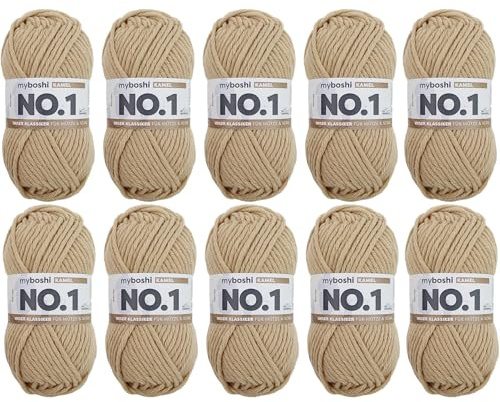 myboshi No.1 Wolle zum Häkeln und Stricken, Schnellstrickgarn, langlebige Mützenwolle, Strickwolle, Häkelwolle, mulesing-frei, 50g, Ll 55m Braun (Kamel), 10 Knäuel