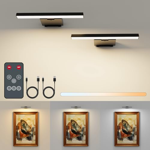 Kitloo 2 Pack Picture Lights for Wall, 6000mAh Rechargeable Battery Operated Picture Light, CRI≥95, Wall Picture Light with Remote Timer, Wall Lights for Pictures, Frame & Art Gallery