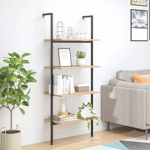Qnhdfrt 4 Tier Leaning Bookshelf Light Brown & Black 64 x 35 x 152.5 cm Steel Slim Ladder Bookcase 40 kg Total Load Compact Storage Shelf for Living Room Bedroom Corridor