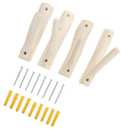 Ipetboom Lot de 4 Crochets Porte-Manteaux en Bois Naturel, Crochets Muraux Rustiques en Branches d'Arbre, Fixation Simple, Adaptés pour Entrée et Salle de Bain