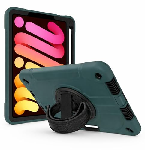 World biz Heavy Duty Case for iPad Mini 7 (A17 Pro, 2024) / iPad Mini 6 2021 8.3-Inch, Military Grade 3-Layer Full Body Rugged Cover with Kickstand, Pencil Holder, Hand Strap (Emerald Black)
