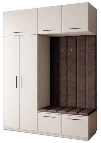 Masseno Flugarderoben Set Rema, Kleiderschrank-Set mit Sitzbank, Garderobenschrank Flur mit 5 Regalböden, Kaschmir