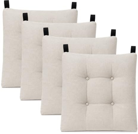 MERCURY TEXTIL- Pack de 4 Cojines para Silla 40x40x8cm (Pack 4, Beige) | Acolchados, Relleno de Copos de Poliuretano con Cintas de Sujeción Antideslizantes, Interior y Exterior. Fabricado en España
