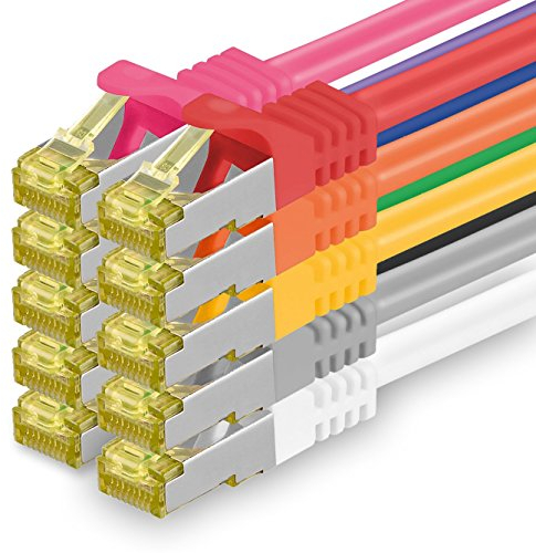 1aTTack.de Cavo di rete Ethernet Lan Cat.7 SFTP spina RJ45 Cat6a doppia schermatura 10000 Mbit/s compatibile con Cat5 Cat6 Cat6a Cat8 per switch Router Modem Patchpanel 10 colori - 10 pz 1,5m