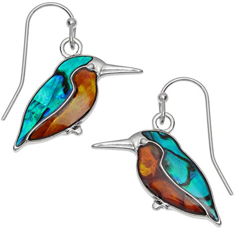 Kiara Jewellery Kingfisher Fischhaken-Ohrringe mit natürlicher grünlich-blauer und orangefarbener Paua-Abalone-Muschel. Hypoallergene Rhodium-Beschichtung., Silber/rhodiniertes Basismetall mit