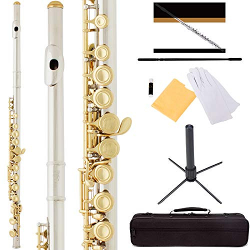 Mendini By Cecilio Flute, 16 Keys Closed Hole C Flute Instrument For Beginners with Carrying Case, Cork Grease, Stand, Lesson Book, Cleaning Kit, Gloves (Gold)