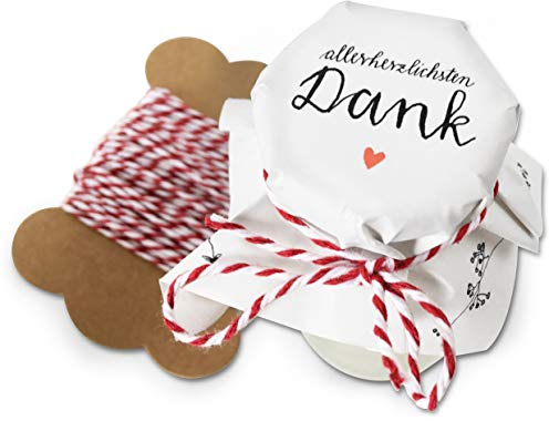 25 MINI Marmeladendeckchen - allerherzlichsten Dank - Gläserdeckchen Weiß mit Blumen für Marmelade, kleine Marmeladengläser & Einmachgläser, Recyclingpapier Abreißblock + 10 m Garn + Justiergummi