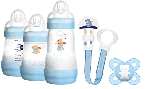 MAM Welcome to the World G101-3 Baby Bottle Set, Easy Start, Anti-Colic, with 1 Start Dummy and 1 Clip Chain, 0+ Months, Blue, Spanish Version