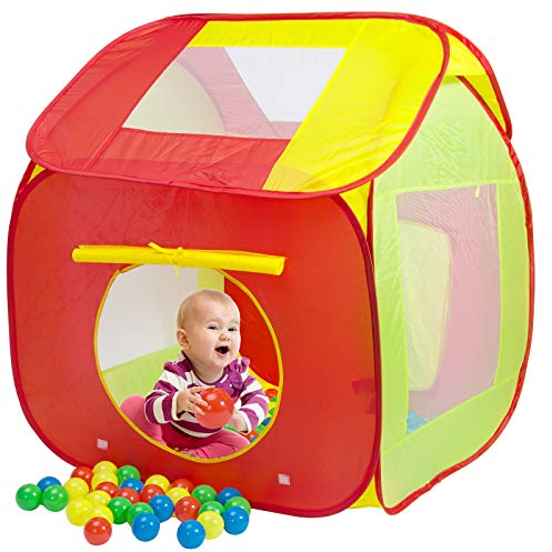 SPIELWERK® Spielzelt Pop Up Funktion inkl. 200 Bälle Tragetasche Kinderzimmer Kinder Bällebad Spielhaus Tipi Insektenschutz Draußen Drinnen