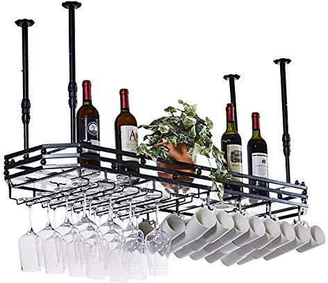Weinregale Weinflaschenhalter Weinregal, Weinregal Zur Wandmontage, Hängendes Schmiedeeisernes Hängendes Bechergestell Rod Rack Kleiderbügel, 3 Farben Frei Einstellbar ( Color : Black , Size : 100cm )