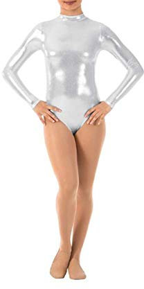 IMEKIS Damen Ballettanzug Langarm Bodysuit Gl?nzend Body Wetlook Ballett Tanzbody Leotard Gymnastik Turnanzug Gymnastikanzug Einteiler Metallic Trikot Oberteile Top Sport Fitness Kost?m Silber S