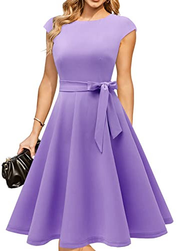 DRESSTELLS Cocktailkleid Damen Elegant 1950er Knielang Rockabilly Hochzeitkleid Vintage Swing Festlich Midilang Lavendel Abendkleid Kurz Sommer Kleid Lavender M