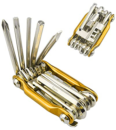 QitinDasen Premium 11 in 1 Multifunctional Bike Tool, Portable Foldable Bicycle Tool, Mini Stainless-Steel Bike Repair & Maintenance Tool Kit (Golden)