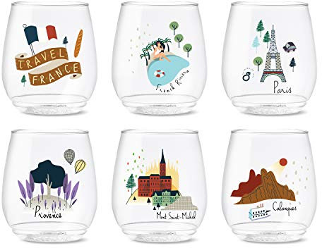 TOSSWARE Pop Vino French Holiday Series Weingläser aus Kunststoff, recycelbar, unzerbrechlich, kristallklar, 400 ml, 6 Stück