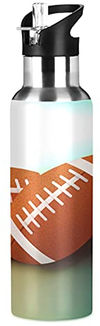 Vnurnrn Art Cadeau Sport Rugby Football Bouteille d'eau Isotherme avec Paille en Acier Inoxydable Gourde 600ML, Sans Bpa Gourdes Eau pour Enfant Sport Randonnée École Bureau