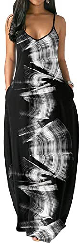 PADOLA Robe Femme Chic et Élégante Bohème Avec Poche - Bretelles Spaghetti Maxi Floral de Plage Longue Été Décontractée Vintage Grande Taille Sans Manche (8 Vague Blanche, M)