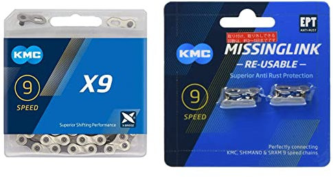 KMC X9 9 Speed Chain, Silver/Grey, 122 Link & 9 Speed EPT MissingLink, Dark Silver, Pack of 2