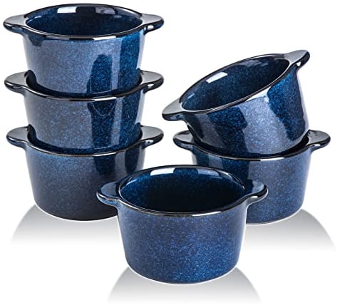 VICRAYS Lot de 6 mini ramequins en céramique pour crème brûlée, 236,8 g, passent au four, plats à soufflé pour la cuisson individuelle, cocotte à tremper, sauce, pionnier, femme, bleu