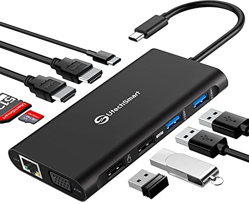 Dockingstation Laptop 3 monitore, 11-1 Typ C Hub mit 2 HDMI, VGA, PD3.0, SD TF Card Slot, 4 USB Ports USB-C Adapter Kompatibel für MacBook & Windows (UCN3270-Black)