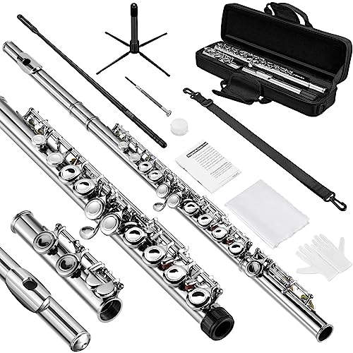 POGOLAB Flöte, C Fußstück, Geschlossenem Loch, Schülerflöte mit geteiltem E/Offset-G, Flötenetui/Flötenreinigungsset/Probestab/Handschuhe/Fett, C Flute Nickelflöte für Schulband-Übungen