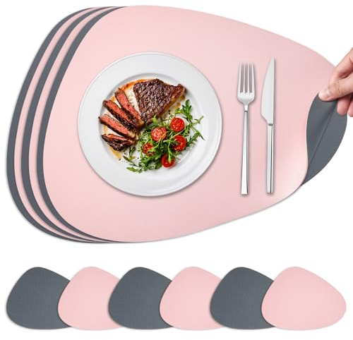NOSTHEART Tischsets Abwaschbar 6er Set, Platzsets Abwischbar Tischsets Leder Rund Hitzebeständig rutschfest Platzdeckchen mit Untersetzer, Doppelseitigen - Rosa Grau